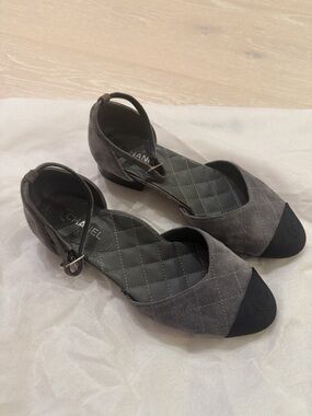 CHANEL Gray Suede Quilted Ankle-Strap Flats with Black Cap Toe